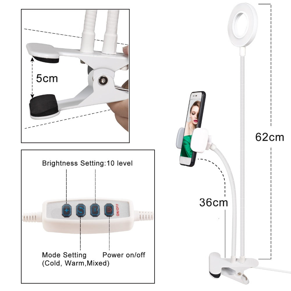 Selfie Ringlamp met flexibele mobiele telefoonhouder en microfoonclip bureaulamp LED-ringlamp voor make-up live stream wit