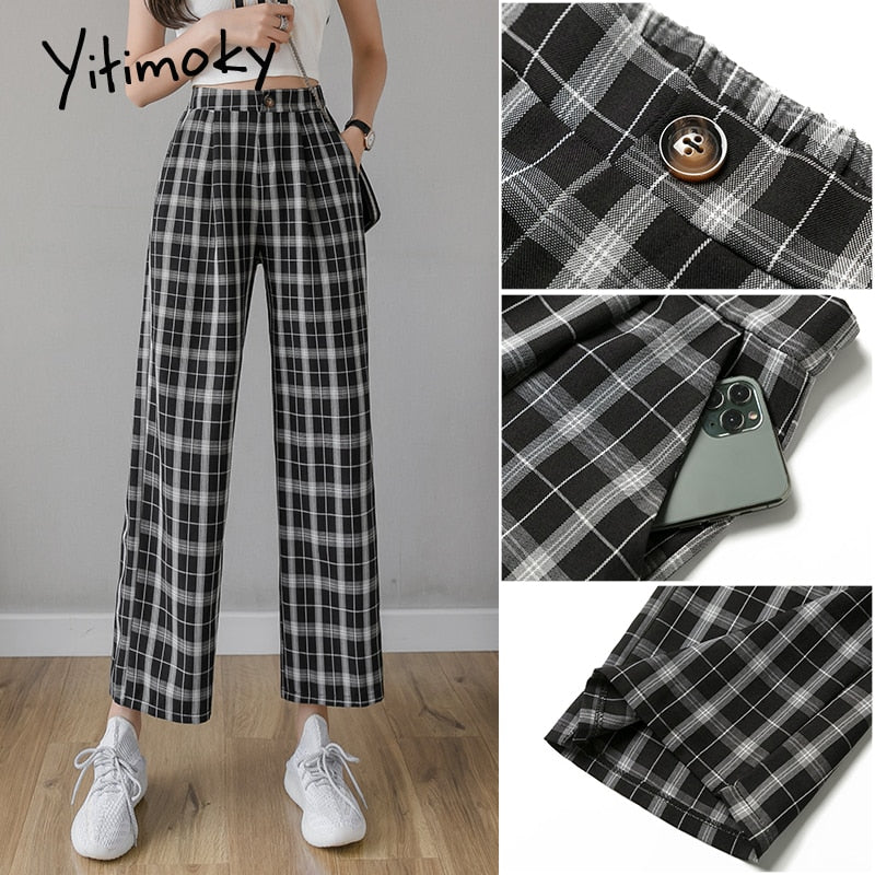 Vintage plaid pants elastic waist pants - high waist